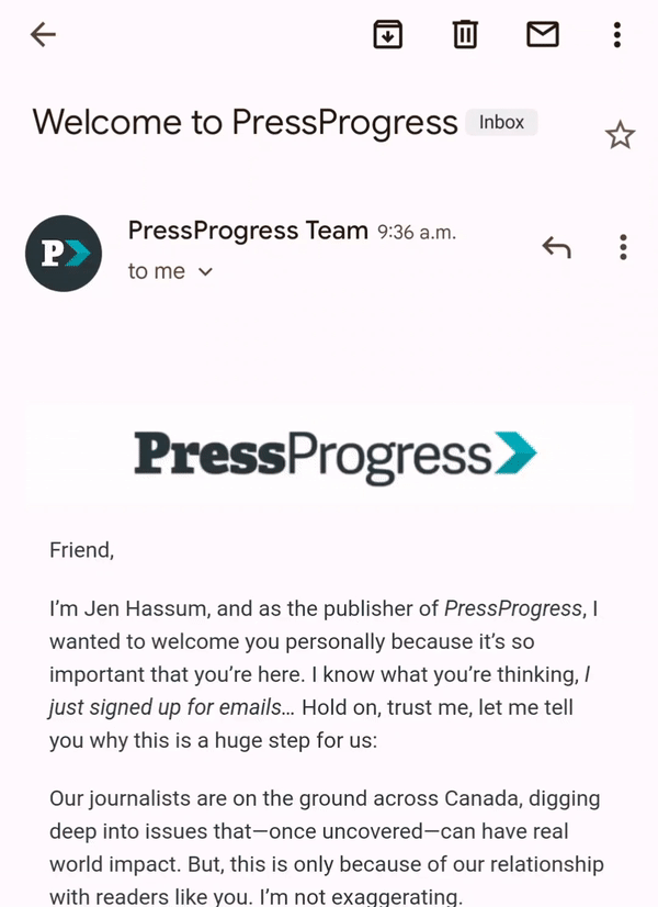An animated image showing a gmail inbox is demonstrating how to move an email from the promotions tab to the primary tab. Click on a PressProgress email 